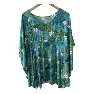 Hula Bay Hawaiian Monstera Plumeria Flowers Batwing Kaftan Swim Cover Up Top S/M